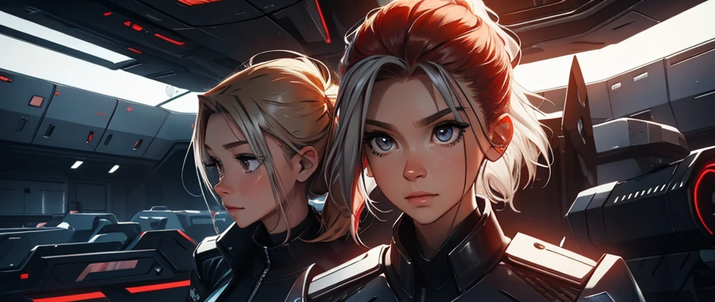 ponytail, red hair, portrait, light vintage red color hair, scientist character, female, super strong, female, silver clothing, cyberpunk female, short blonde hair, portrait, in a spaceship hangar, a female in a sci-fi jumpsuit with led lights making shapes, she has short light hair, big eyes, silver clothing. big breast
