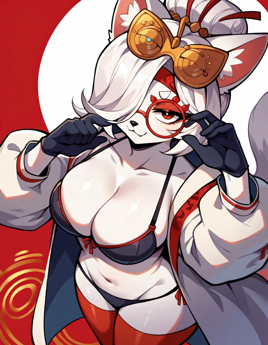 score_9, score_7_up score_6_up, score_5_up, source_furry, source_anime, BREAK Anthro, Anthro furry arctic fox, fox ears and tail, snout, one eye covered, purah,hair ornament, red headband, red glasses, white coat, black bra, cleavage, black thong, red thigh highs, gloves,from above,looking at viewer,abstract background, smug,closed mouth, adjusting her glasses 