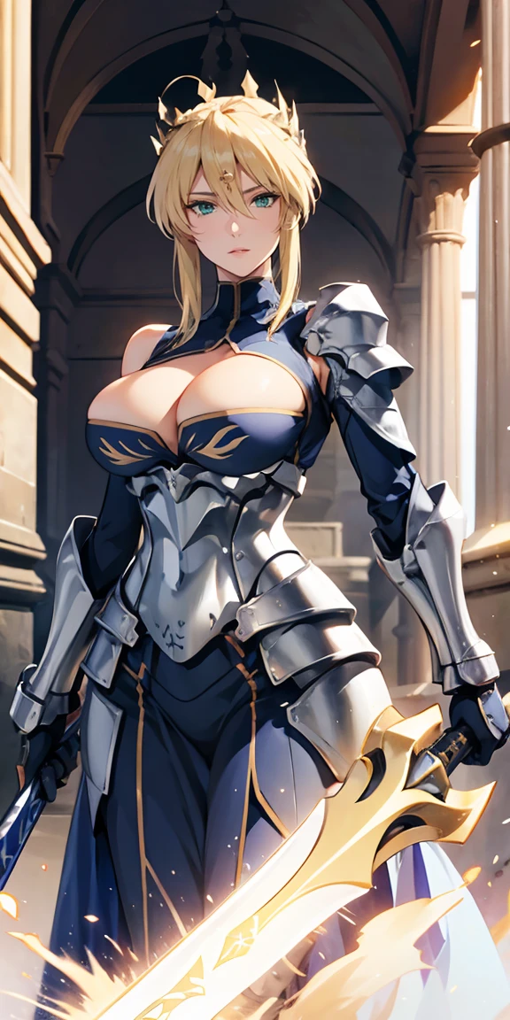 Artoria Lancer, mature woman, chic, hair blonde, greeneyes, curved, tails, bare one shoulder, trunk, 4k resolution, high qualiy, halberd, armour