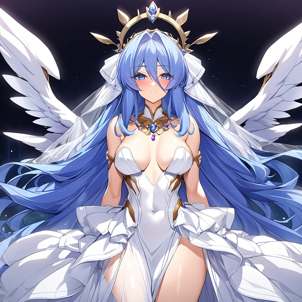 ((Highest quality)), ((masterpiece)), (detailed), (Perfect Face)、The woman was a great angel who became the Greek goddess Hera.6An archangel and god with wings and a shining halo above his head.々The wife of Zeus, the king of the gods, and the divine queen of the gods, Goddess Extella、The woman is a beautiful goddess, Goddess Extia, the queen of the one and only god Zeus, with medium-long blue hair, wearing a pure white vintage wedding dress with luxurious gold embroidery and edging, a luxurious vintage wedding veil, luxurious jewelry and decorations, an engagement ring, and luxurious accessories. She is an elegant goddess, the graceful and beautiful queen of the gods, Goddess Extia.