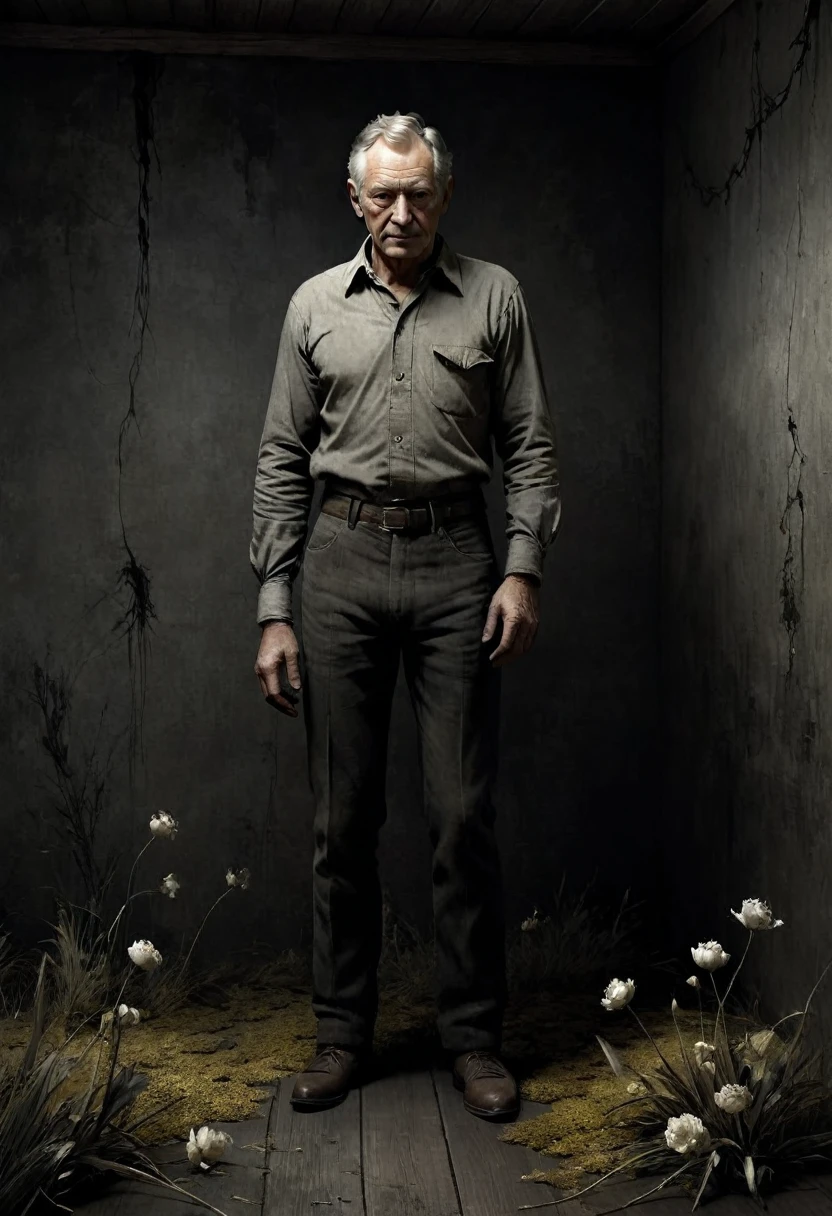 This is Andrew Wyeth - The Art of Andrew Wyeth - with a disturbing and grotesque world, a muted floral palette and a dry brush technique that creates a sense of calm. (Computer game-Scorn (survival horror), creepypasta (dark monochrome background) masterpiece, fairy-tale background) (minimalism: 1). perfect body anatomy.
