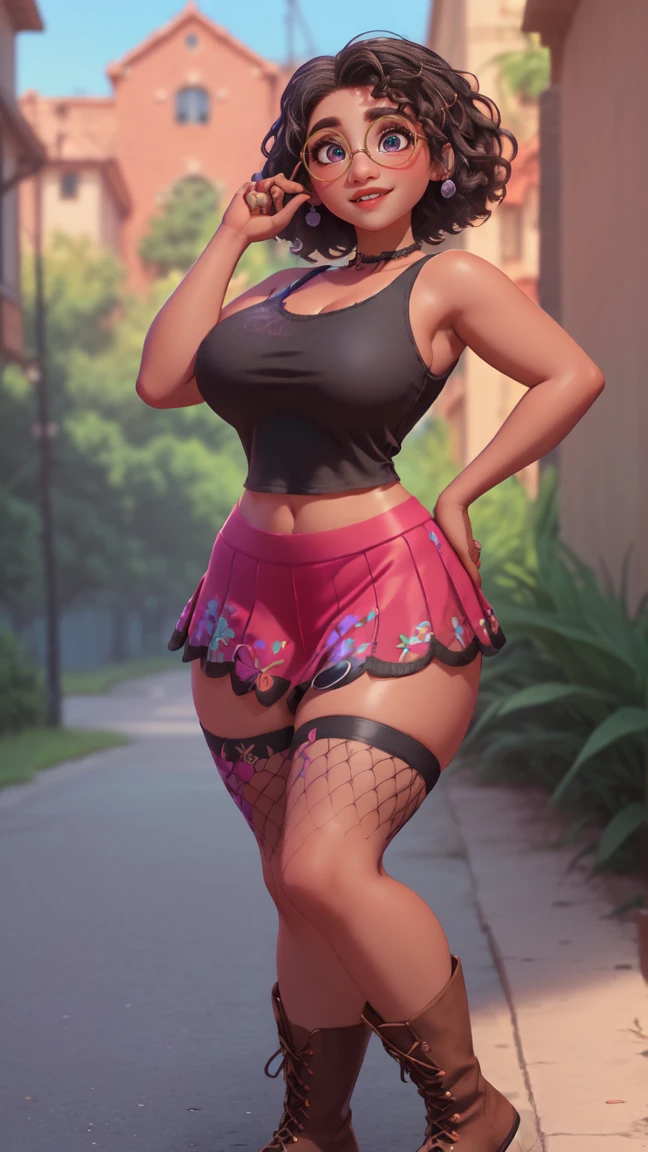 mirabel madrigal,  glasses, smile, outdoors, (((wearing a black tanktop))), (((brown skin))), choker on neck, detailed skin, perfect legs, ((wearing a red mini skirt)), (((wearing boots))), ((fishnet leggings)), perfect thighs, (((curvy body))), (((full body))), 