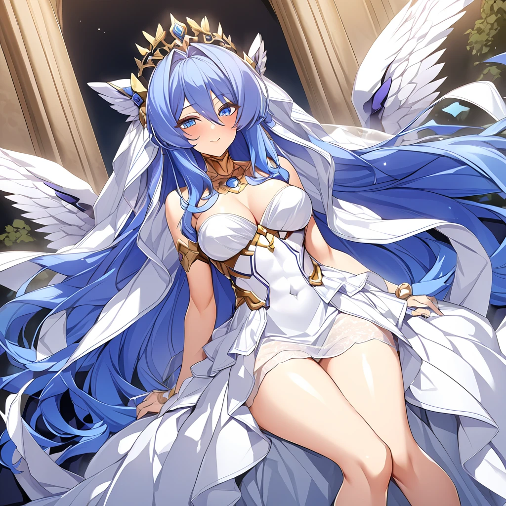 ((Highest quality)), ((masterpiece)), (detailed), （Perfect Face）、The woman was a great angel who became the Greek goddess Hera.６An archangel and god with wings and a shining halo above his head.々The wife of Zeus, the king of the gods, and the divine queen of the gods, Goddess Extella、The woman is a beautiful goddess, Goddess Extia, the queen of the one and only god Zeus, with medium-long blue hair, wearing a pure white chemise dress with luxurious gold embroidery and trim, a gorgeous vintage wedding veil, gorgeous jewelry and decorations, an engagement ring, and gorgeous accessories. She is an elegant goddess, the graceful and beautiful queen of the gods, Goddess Extia.