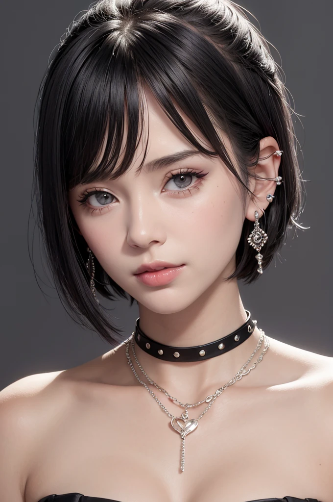 pilyeon, solo, 1girl, black nails, jewelry, short hair, looking at viewer, choker, necklace, hand on own face, piercing, white background, heart, closed mouth, grey eyes, nail polish, simple background, grey hair, ear piercing, black choker, smile, eyelashes, lips, hand on own cheek, bangs, bracelet, beads, gem, earrings, fingernails