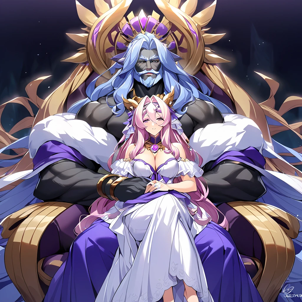 ((Highest quality)), ((masterpiece)), (detailed), (Perfect Face)、Women are divine in both mind and body, like the Greek goddess Hera.々Hera, the wife of Zeus, king of the gods, is happily embracing a man.、The woman is the goddess Hera, the queen of the one and only god Zeus. She has medium-long hair, wears a gorgeous chemise dress, an engagement ring, and gorgeous accessories. She is an elegant, graceful, and beautiful goddess, Hera, the wife of Zeus.、The woman is seen sitting on a magnificent temple throne in company of the dignified, bearded, chiton-clad, elderly god Zeus.、The man is the bearded, elderly god Zeus, wearing a dignified chiton, embracing a woman.