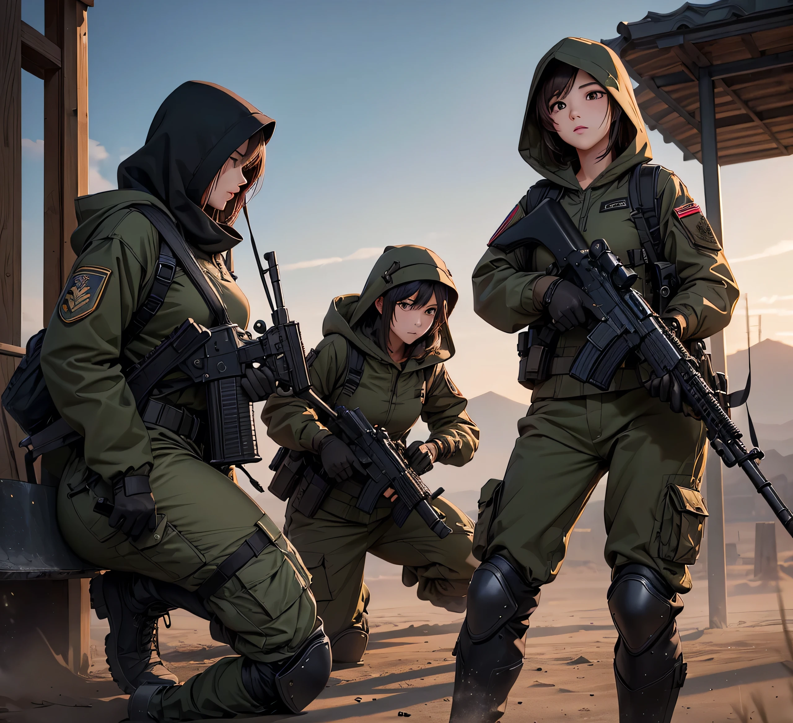 A group of female soldiers with guns fighting,All wear dark brown hooded military uniforms、Hooded on head、Individual equipment set、Military Pants、Knee pads,Write details、masterpiece、best quality、Highly detailed CG、8K picture quality。