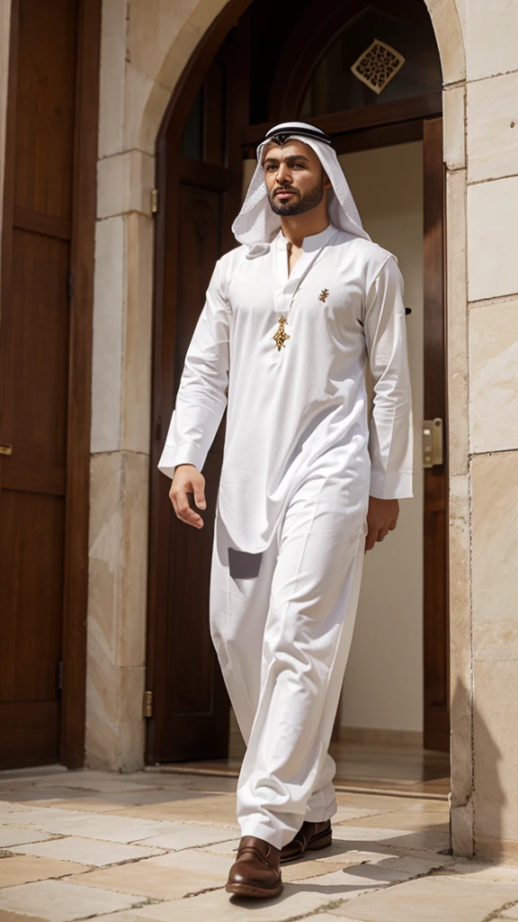 Hundreds man of arabic. Wear white clothes. Walking.