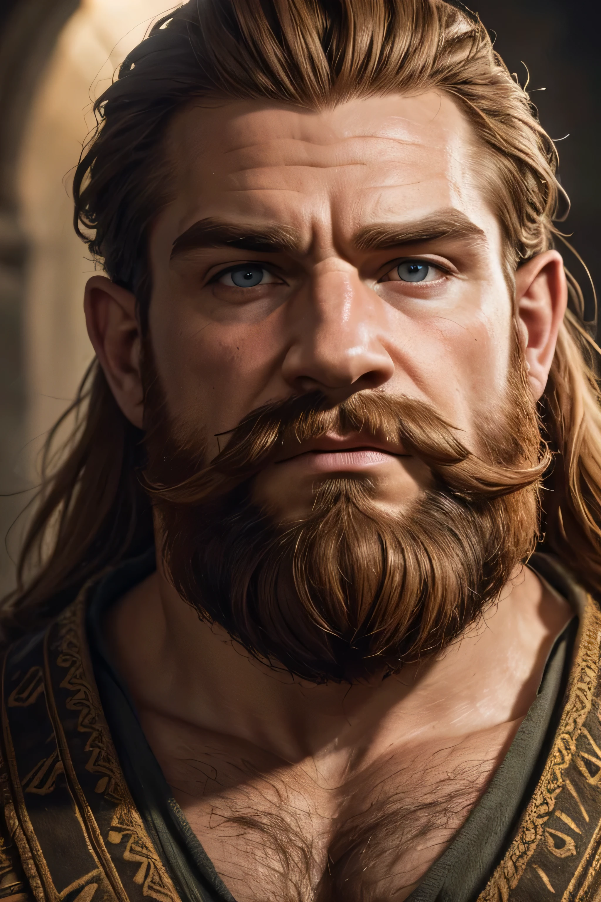 (8K, high definition, high quality, highly detailed) Handsome dwarf. hyper-masculine. square jaw. hunter eyes. gingerhead. full beard. thick mustache. headshot. wearing middle-earth tunic. looking away from the camera. dramatic lighting.