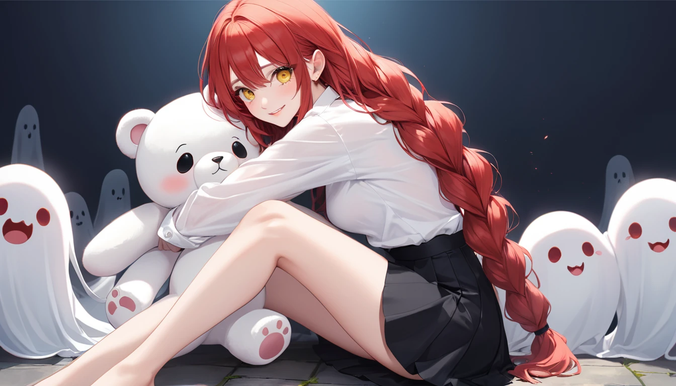 hand, hand, long hair, รอยsmile, smooth, Middle Page, (yellow eyes:1.2), long hair, red hair, braided ponytail, big eyes,นั่วHug a teddy bear,sexy,full body,Sitting position,Hug a teddy bear,smile,flirt,grave background,ghost,วิญญาณ Take a break shirt, long sleeve, white shirt, dress shirt, skirt, black skirt, It&#39;s official., suit, black nightie, lady, Take a break (Masterpiece:1.2), best quality, high resolution, Harmony wallpaper 8K, (illustration:0.8), (Beautifully detailed eyes:1.6), Very detailed face, perfect lighting, The CG is very detailed., (handที่สมบูรณ์แบบ, perfect anatomy),