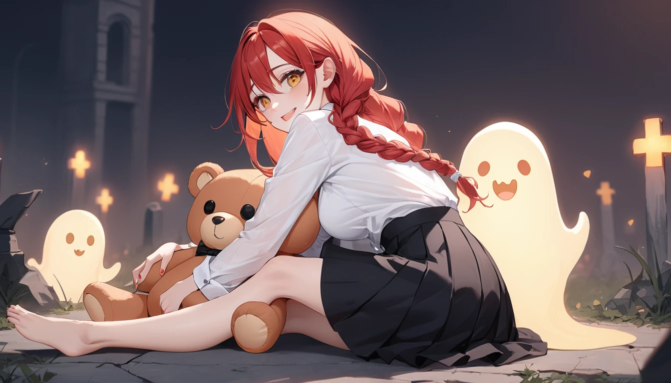 hand, hand, long hair, รอยsmile, smooth, Middle Page, (yellow eyes:1.2), long hair, red hair, braided ponytail, big eyes,นั่วHug a teddy bear,sexy,full body,Sitting position,Hug a teddy bear,smile,flirt,grave background,ghost,วิญญาณ Take a break shirt, long sleeve, white shirt, dress shirt, skirt, black skirt, It&#39;s official., suit, black nightie, lady, Take a break (Masterpiece:1.2), best quality, high resolution, Harmony wallpaper 8K, (illustration:0.8), (Beautifully detailed eyes:1.6), Very detailed face, perfect lighting, The CG is very detailed., (handที่สมบูรณ์แบบ, perfect anatomy),