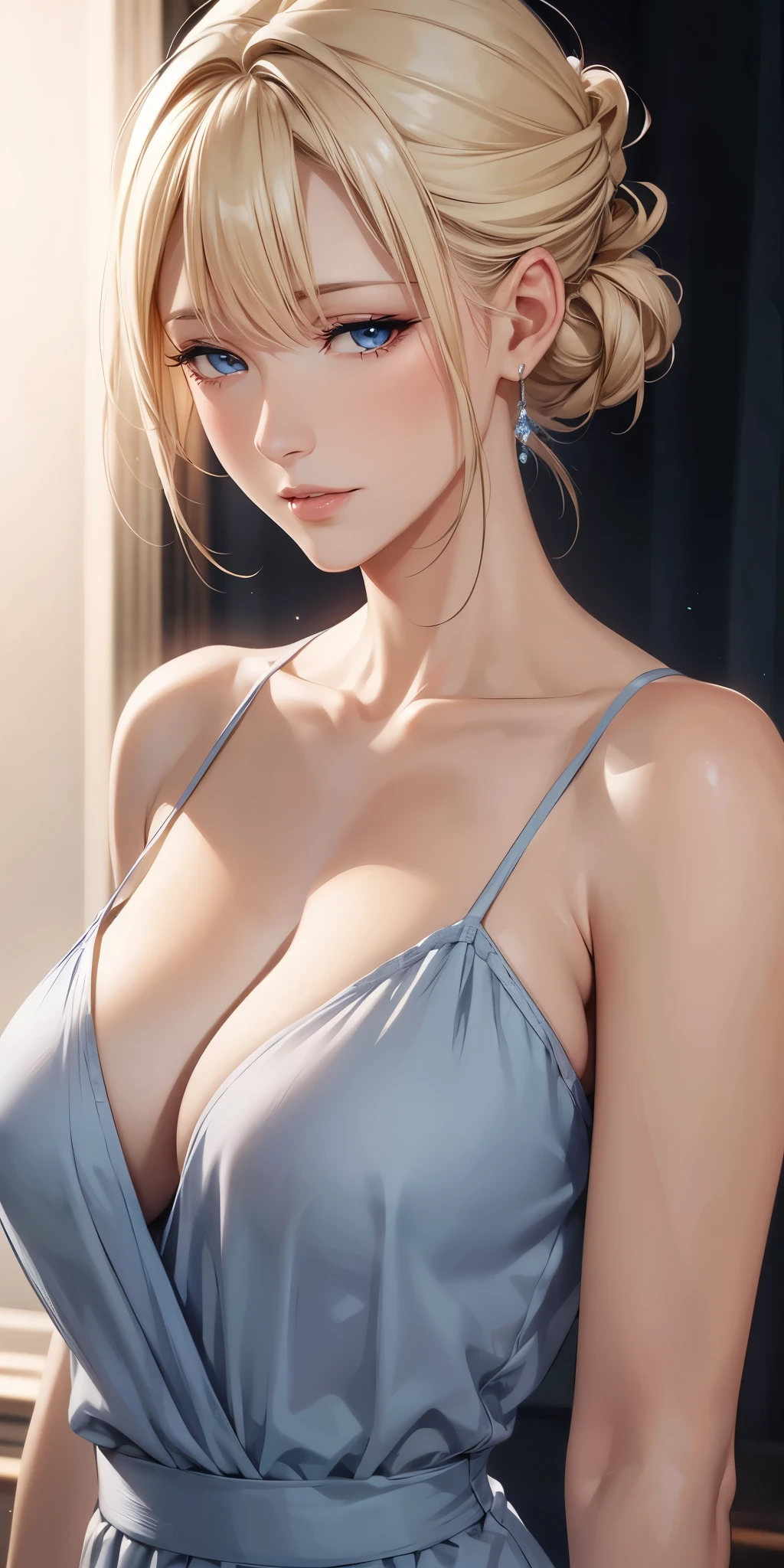 Elegant mature woman, milf, blue eyes, blonde hair, soft light, 4k resolution, high quality, beautiful cg