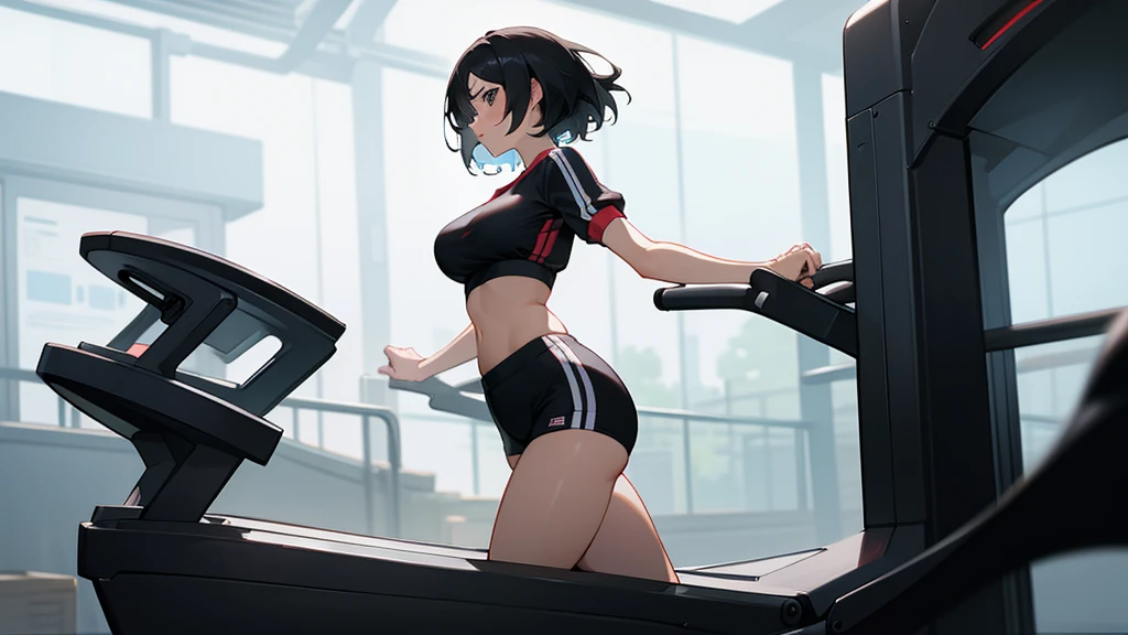 (Huge breasts:1),(masterpiece, Highest quality),((High resolution 4K)), 1 Female, alone, Black short hair, Loose waves,Stand on the treadmill,Front view,In the gym,Random color sportswear,Front view,Dynamic Camera