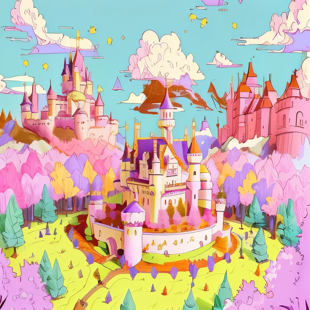 castle from Kingdom of Bubblegum pink trees and purple mountens