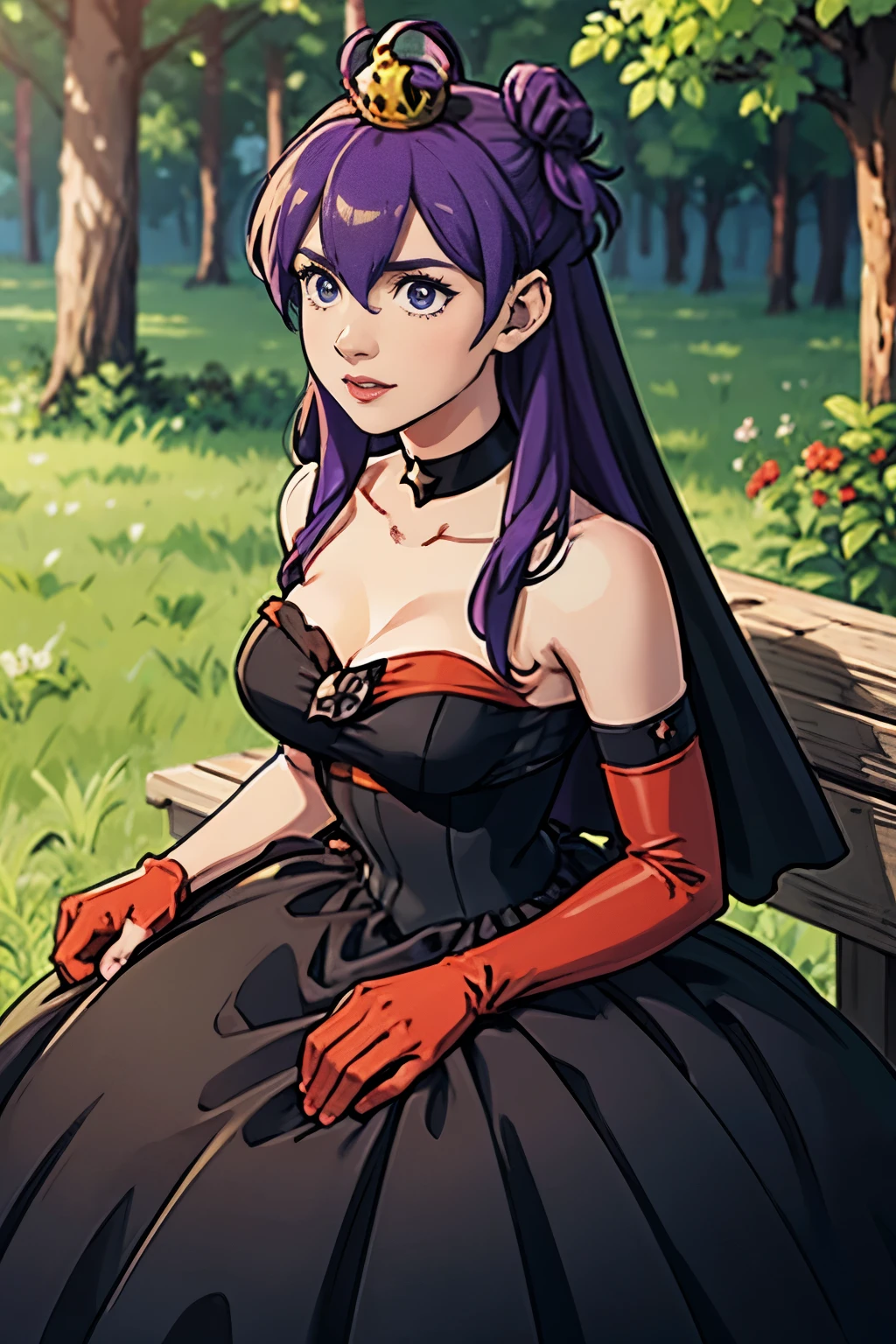 Shez FE, hair between eyes, ahoge, blonde hair, star \(symbol\), hair ornament, ruffled tulle dress, cleavage, bare shoulders, collarbone, long black elbow gloves, black gloves, black dress, black choker, strapless, princess crown, veil, strapless dress, princess dress, veil, beautiful woman, perfect body, perfect breasts, wearing a princess dress, ball gown, in the park trees, wedding decorations, a warm smile, realism, masterpiece, textured skin, super detail, high detail, high quality, best quality, 1080p, 16k, purple hair