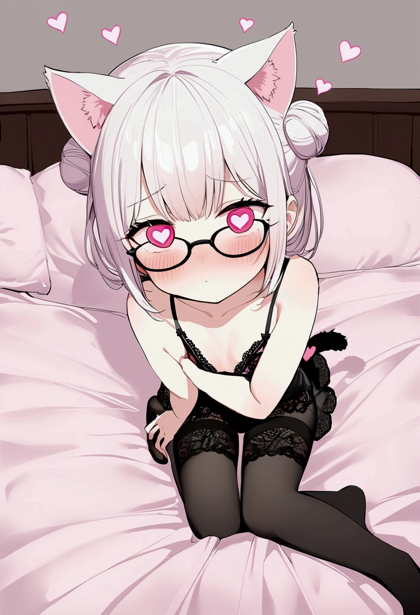 I have white pink hair, cat ears, a bun, my face is super blushing, black glasses, pink heart eyes, and if you could, in lingerie, black stockings, a cat&#39;s tail, a very shy girl, that you are lying on your bed how suspicious it is very small