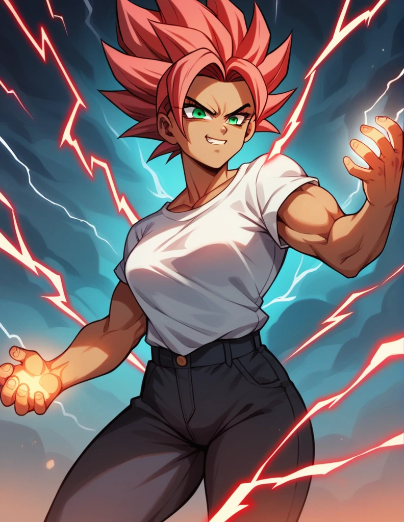 girl, alone, Saiyan, spiky red hair, green eyes, slim, slim thin waist, wide hips, dark skin, medium , white t-shirt, black pants, super saiyan, lightning , red lightning, red lightning , energy , ki energy, red energy, used energy to create a huge ball of energy with both hands attacking his opponent with his enormous energy