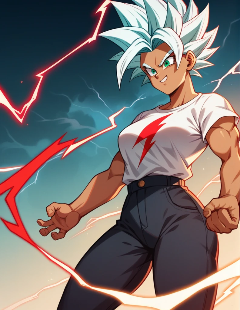 girl, alone, Saiyan, spiky red hair, green eyes, slim, slim thin waist, wide hips, dark skin, medium breasts, white t-shirt, black pants, super saiyan, lightning , red lightning, red lightning , energy , ki energy, red energy, used energy to create a huge ball of energy with both hands attacking his opponent with his enormous energy