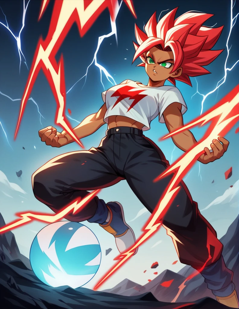 girl, alone, Saiyan, spiky red hair, green eyes, slim, slim thin waist, wide hips, dark skin, medium breasts, white t-shirt, black pants, super saiyan, lightning , red lightning, red lightning , energy , ki energy, red energy, used energy to create a huge ball of energy with both hands attacking his opponent with his enormous energy