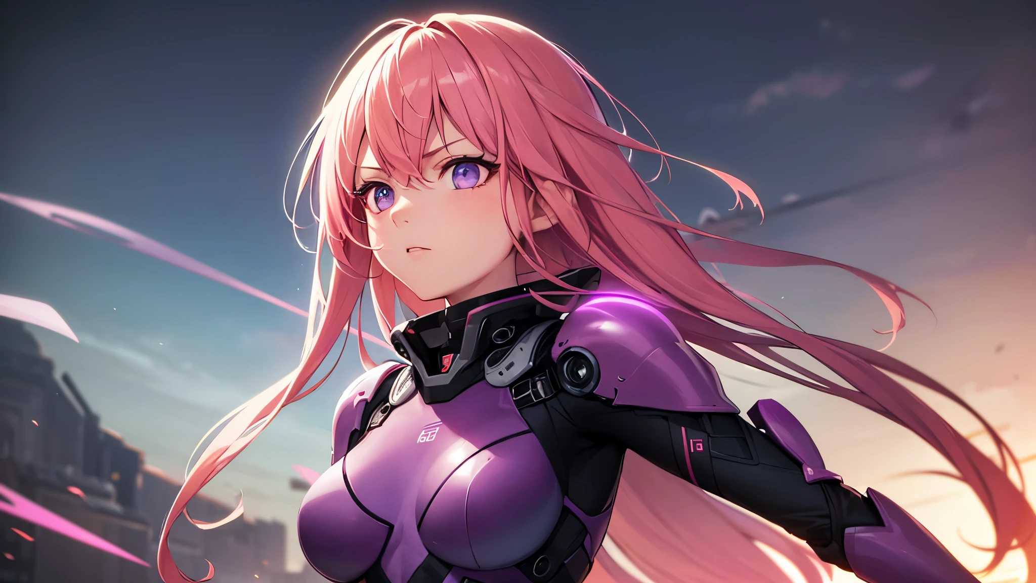Highest quality, 8k, 4K, High resolution, High Contrast,1girl,only,Beautiful pink hair,Straight Long Hair,(Beautifully detailed face),Purple clear eyes,Upper Eye, Moderate breasts,20generation, Serious face, Battle Suit, Beautiful night view