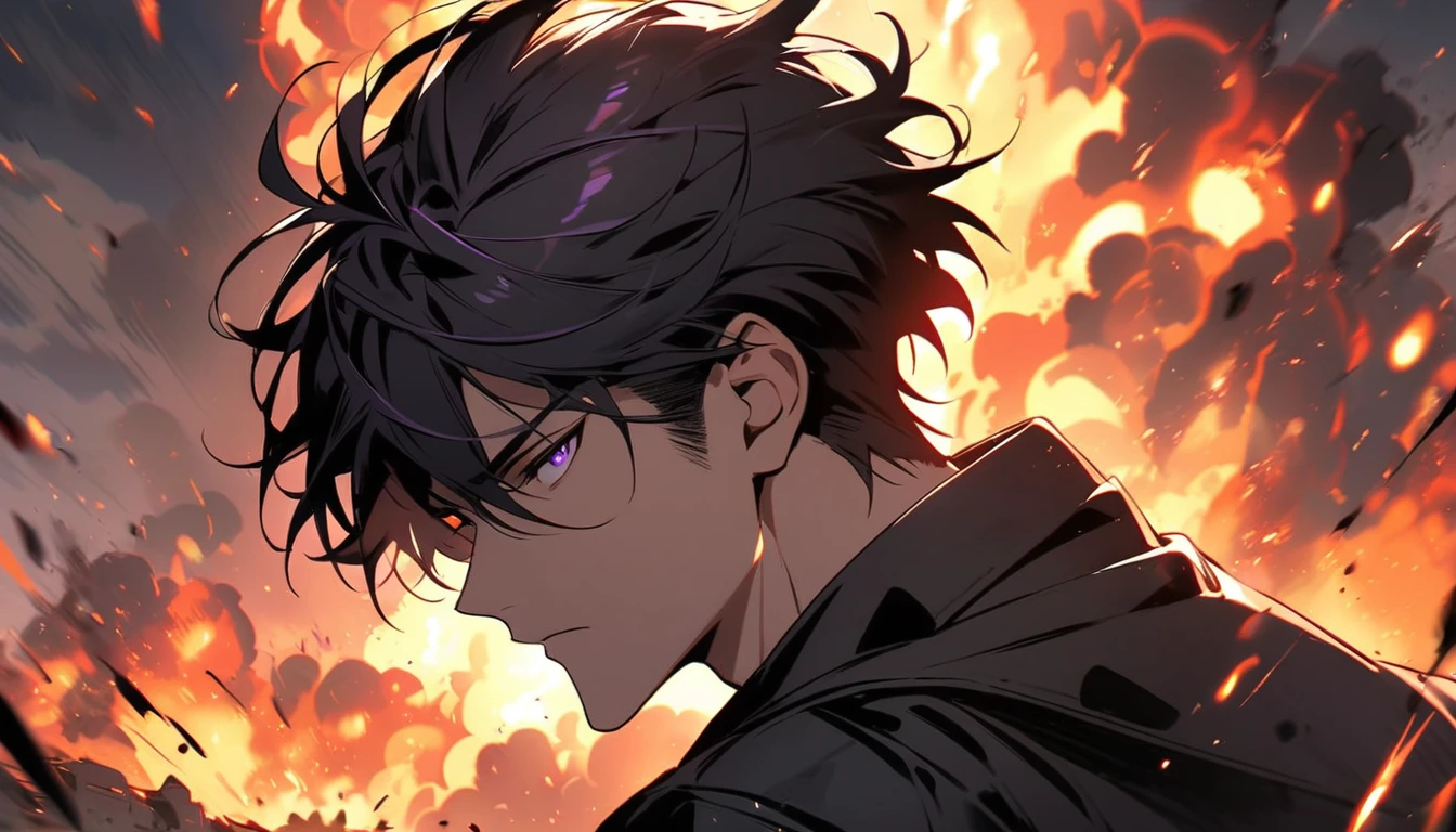 handsome, alone, 1 man, short hair, black hair, purple eyes, black shirt, black coat, Lots of power, Lots of explosions, 