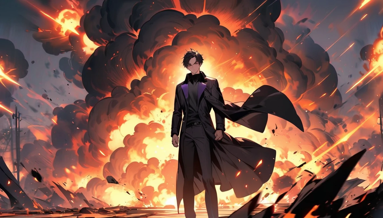 handsome, alone, 1 man, short hair, black hair, purple eyes, black shirt, black coat, Lots of power, Lots of explosions,
