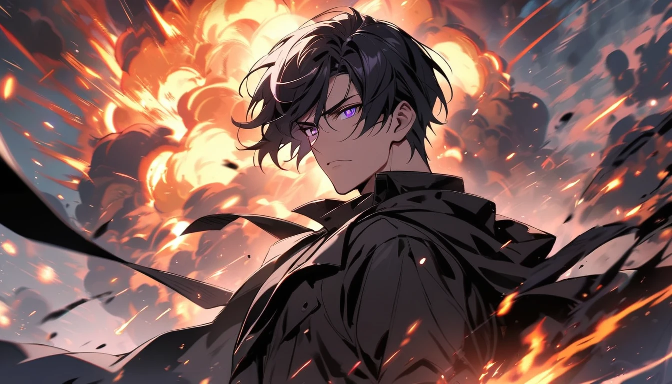 handsome, alone, 1 man, short hair, black hair, purple eyes, black shirt, black coat, Lots of power, Lots of explosions,
