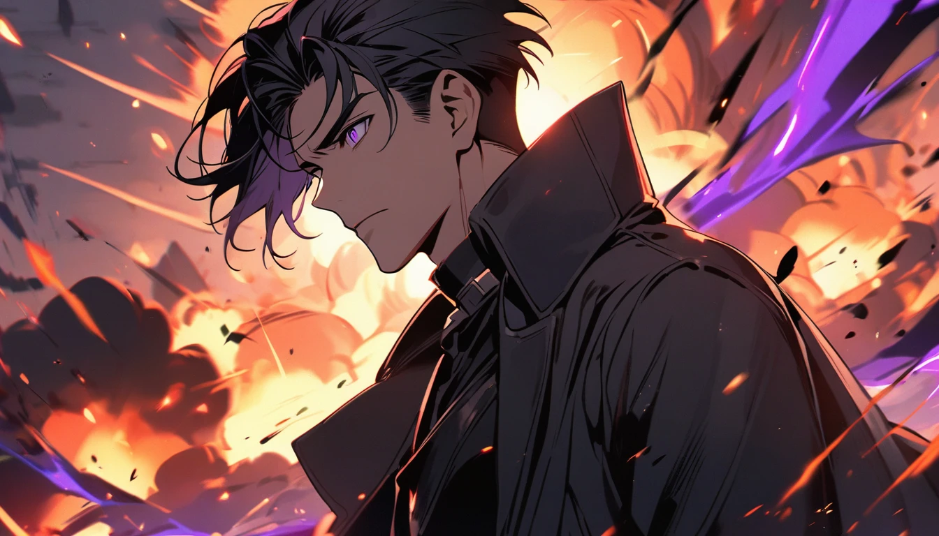 handsome, alone, 1 man, short hair, black hair, purple eyes, black shirt, black coat, Lots of power, Lots of explosions, 