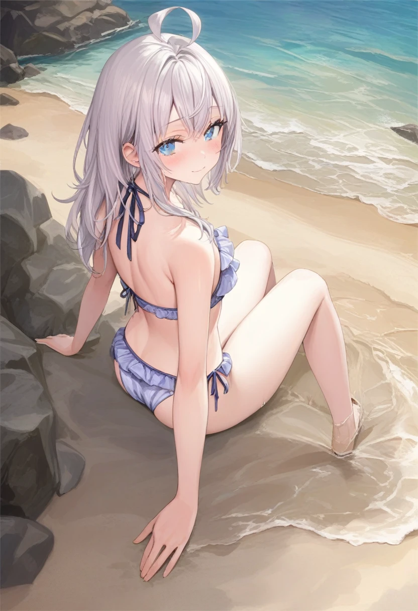 score_9,score_8_above,score_7_above, alya, light smile,Alone, long white hair, medium chest, wearing a sexy purple ruffled bikini, resting in the sand, back view, looking back, Stretched legs,Feet together, near the sea, legs in the sea, perfect limbs,