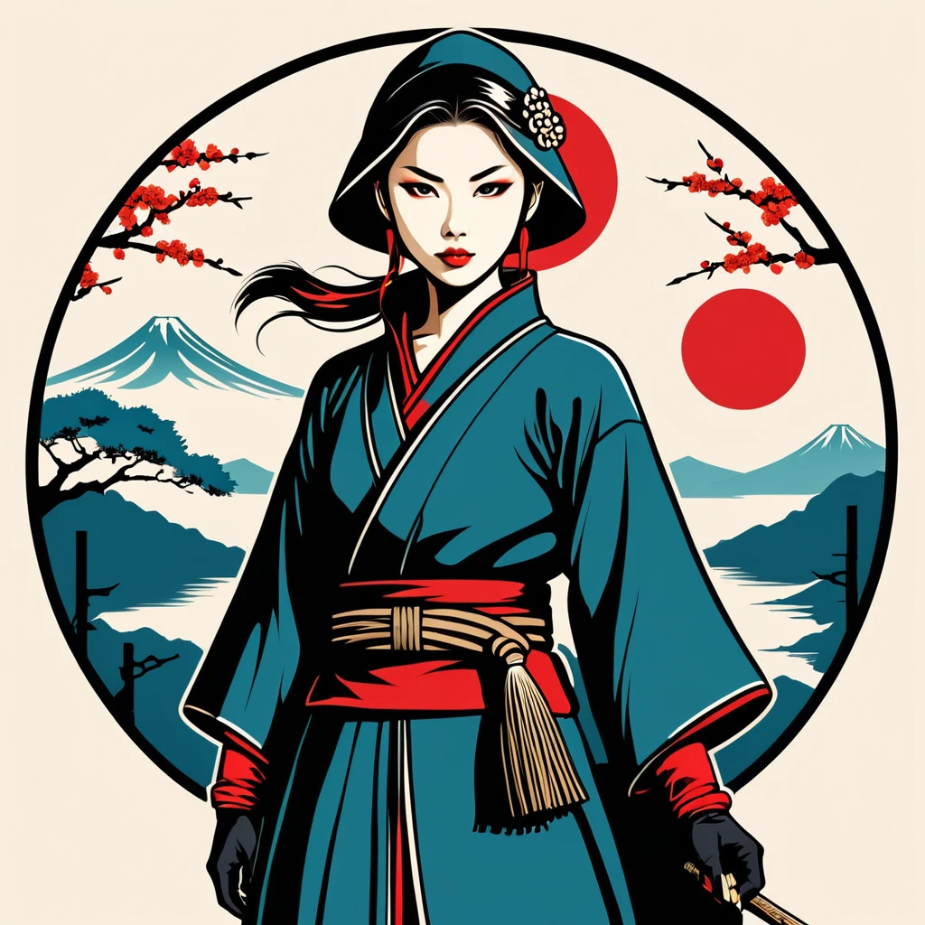 female thief in japan folk outfit, vector graphics, strong contours, logo design