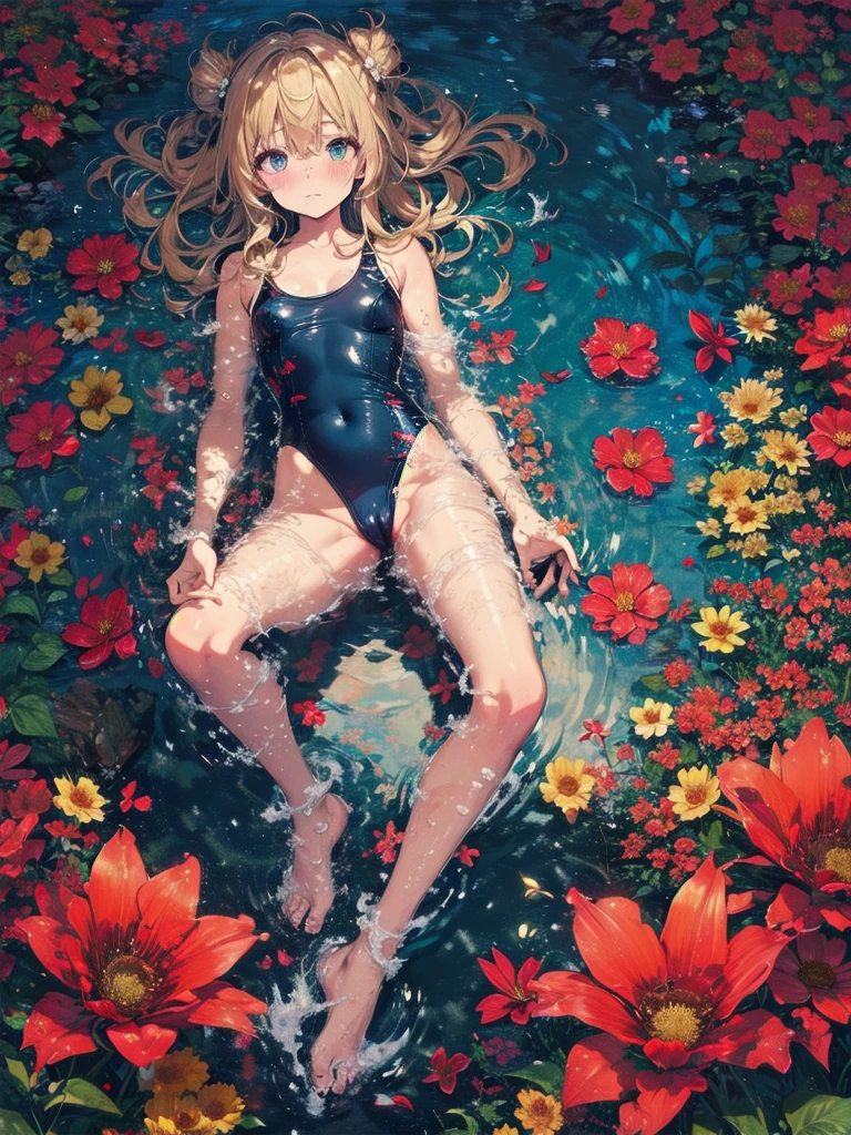 (NSFW:1.1), masterpiece, Highest quality, Ultra-high resolution, Highest Resolution, Very detailed, whole body, thin, very cute, Complete limbs, Shining Eyes, Full Finger, Slender beauty, Blonde Bun Hair, Embarrassed look, Writhing expression, school swimsuit, Glowing Skin, Knee-length, pool, Flower, Wind