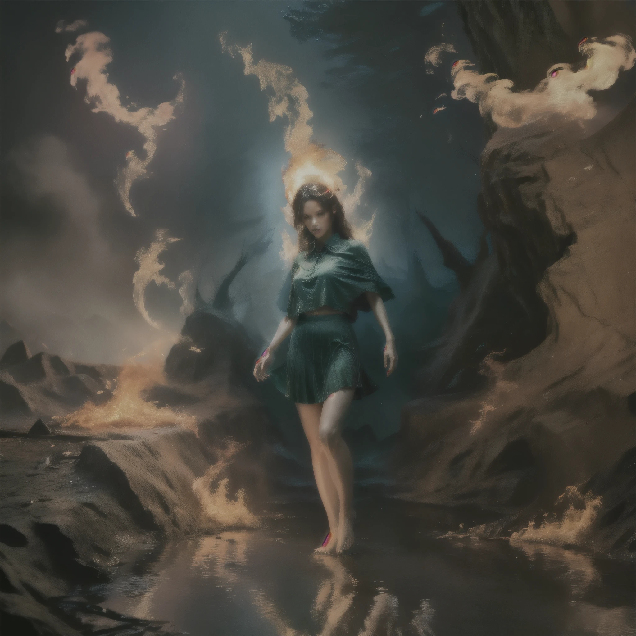 A highly detailed and hyper-realistic depiction of a princess in green skirt, in blue shirt, fire elemental girl, wearing white panties, Realistic hands. ((full body)), mybeauties, The perspective is from below. ((Full body, bare feet)). The character is surrounded by mist, evoking a mysterious and eerie atmosphere. The lighting is dark and atmospheric, with a red smoke adding a touch of sinister ambiance. The image is of the best quality, with a resolution of 4k and HDR enhancement, showcasing the utmost level of detail and realism, sfw, full body shot.