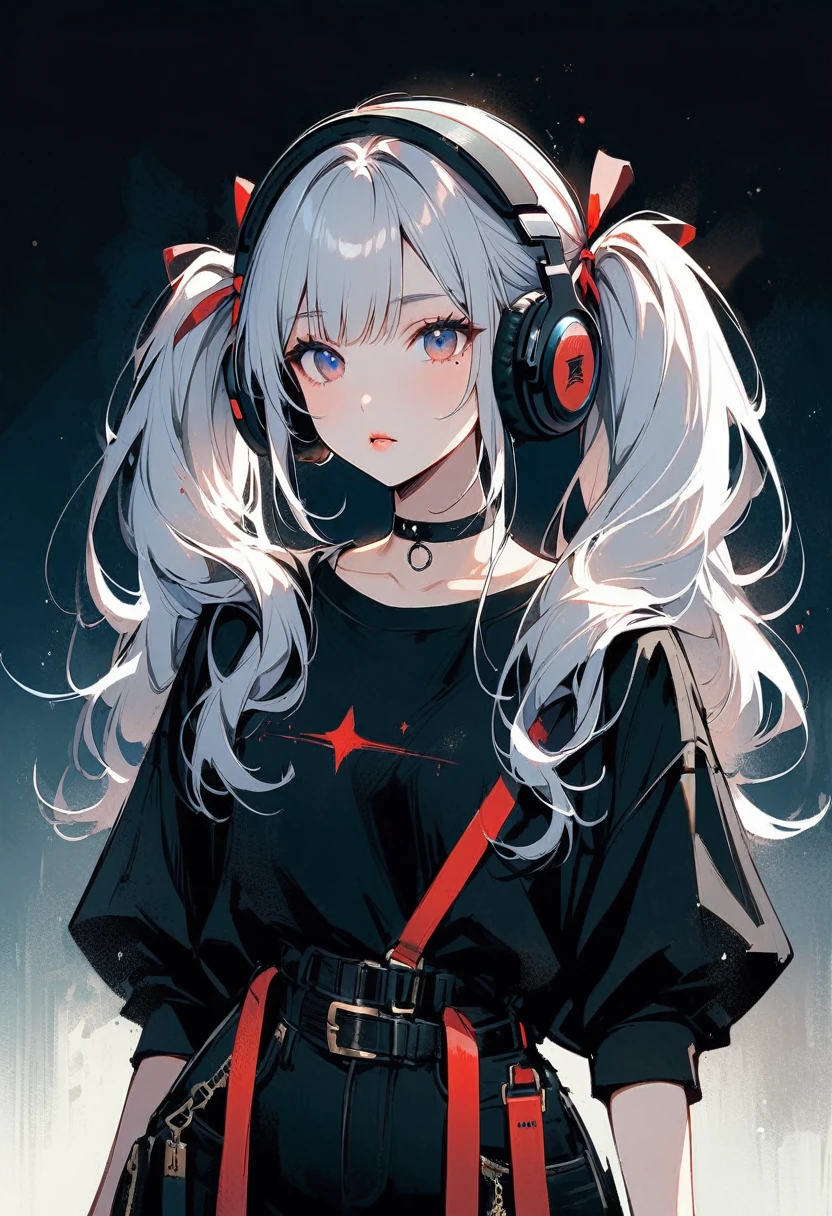 Young Japanese woman with long hair, Beautiful white hair in twin tails, It is secured on both sides with large red ribbons.. She is fair-skinned and、There is a small mole under the left eye.、(She wears large black headphones and a black choker decorated with stars.)、 Her makeup is natural, Rosy cheeks and glossy lips、she is wearing black clothes, Small particles of light are floating,
