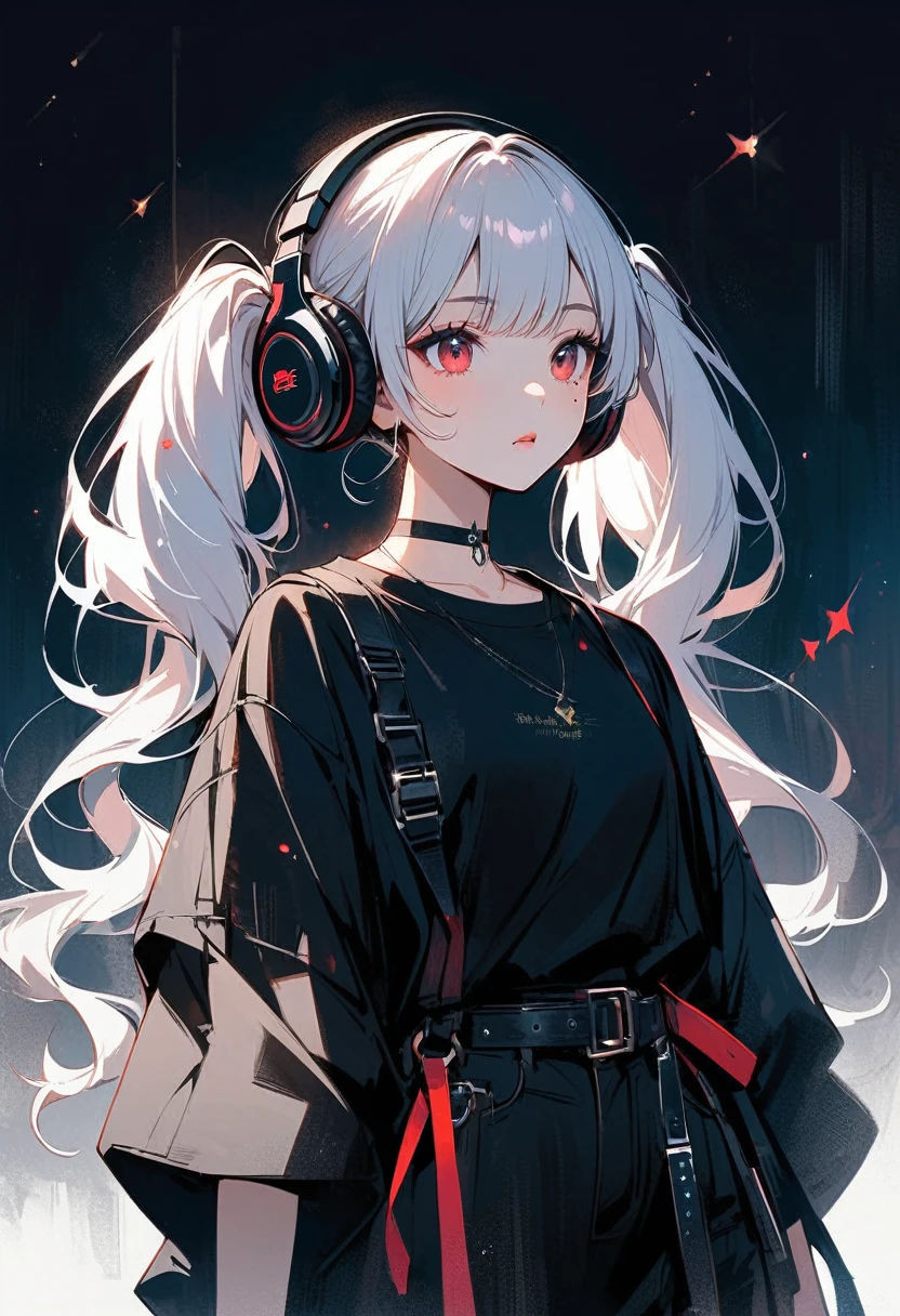 A young Japanese woman with long hair, Beautiful white hair in twin tails, It is secured on both sides with large red ribbons... She is fair-skinned and、、I have a small mole under my left eye..、（She is wearing large black headphones and a black choker adorned with stars..）、 Her makeup is natural, Rosy cheeks and glossy lips、she is wearing black clothes, Small particles of light are floating, 