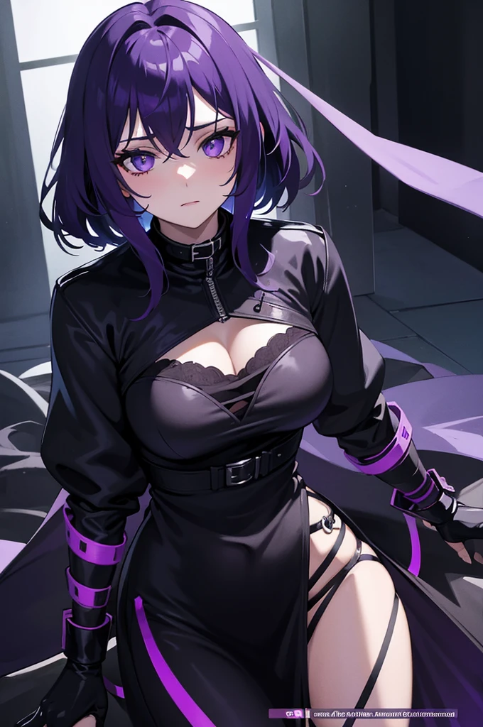 femme arafée dans une tenue noire et des cheveux rose assise sur le sol, séduisant cyberpunk dark fantasy, tendance sur artstation, reine gothique sombre, violet et noir, fille gothique, belle succube, sorcière noire à la mode, cheveux violet foncé et cybernétique, noir et violet, style sombre et sensuel, succube en robe courte moulante, fille cyberpunk rêveuse, beau regard