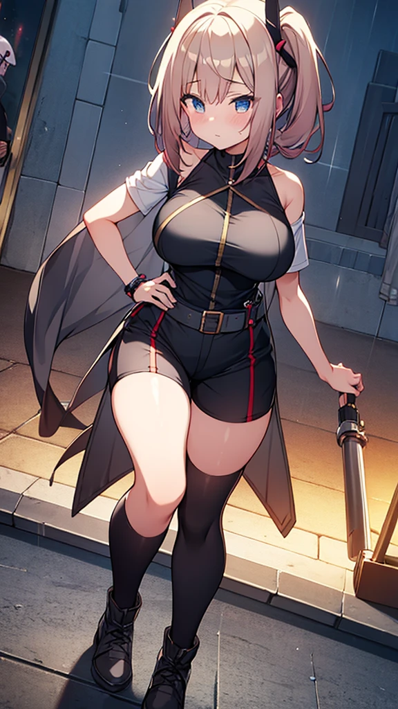 Full body image, front, One girl, 18-year-old, Mix 4, (32K, RAW Photos, Highest quality, masterpiece:1.2), (Anime-like, photoAnime-like:1.37), cute, Short sleeve T-shirt,Shorts,Black knee socks, night, rain, Humidity, Professional Lighting, Photon Mapping, Radio City, Physically Based Rendering, Super Resolution, (Big Breasts:1.2), {{The biological weapon that had preyed on the younger sister took her place and reunited with the older brother, The rebellious sister has become the obedient little sister}}, Girl Skull, whole body, NSFW