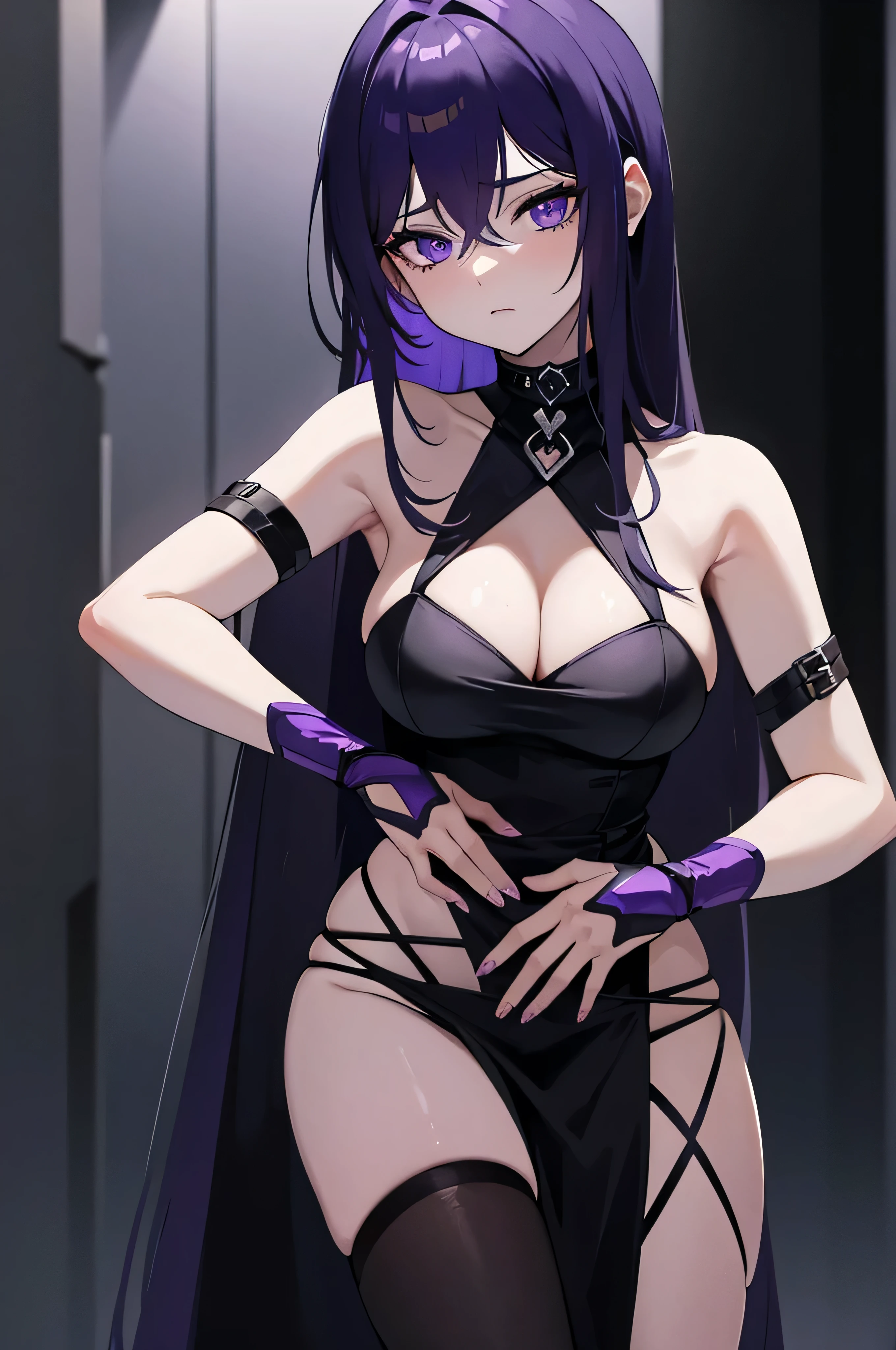 femme arafée dans une tenue noire et des cheveux violets assise sur le sol, séduisant cyberpunk dark fantasy, tendance sur artstation, reine gothique sombre, violet et noir, fille gothique, belle succube, sorcière noire à la mode, cheveux violet foncé et cybernétique, noir et violet, style sombre et sensuel, succube en robe courte moulante, fille cyberpunk rêveuse, beau regard