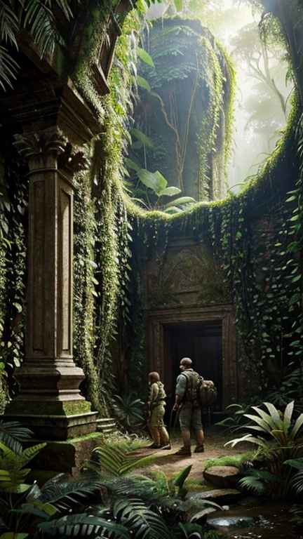 "Hyper-realistic digital painting of a group of explorers discovering ancient ruins deep in a dense jungle. The ruins are covered in vines and moss, with intricate carvings and statues partially hidden by the foliage. The explorers, dressed in rugged adventure gear, stand in awe, their flashlights illuminating the detailed stonework. The jungle is alive with vibrant greenery, exotic plants, and the sounds of wildlife. The scene captures the thrill of discovery and the beauty of untouched history. Cinematic composition, trending on ArtStation."