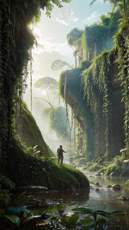 "Hyper-realistic digital painting of a group of explorers discovering ancient ruins deep in a dense jungle. The ruins are covered in vines and moss, with intricate carvings and statues partially hidden by the foliage. The explorers, dressed in rugged adventure gear, stand in awe, their flashlights illuminating the detailed stonework. The jungle is alive with vibrant greenery, exotic plants, and the sounds of wildlife. The scene captures the thrill of discovery and the beauty of untouched history. Cinematic composition, trending on ArtStation."