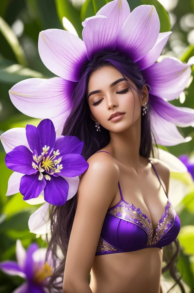 The Paradisah Flower is a rare and mystical blossom of extraordinary beauty and power. It has large, velvety petals in a vibrant shade of purple, with streaks of silver running through them, giving it an almost otherworldly appearance. The flower's center glows with a soft, golden light, and it emits a soothing, ethereal fragrance that is said to have both calming and restorative properties. The flower’s stem and leaves are a deep, emerald green, with a subtle luminescence that adds to its enchanting allure.