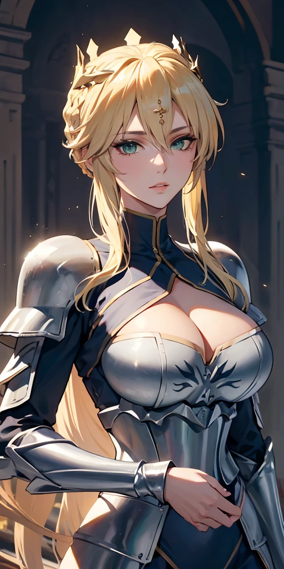 Artoria Lancer, Mulher Madura, elegante, cabelo loiro, olhos verdes, Curvilíneo, coroa, Ombro nu, tronco, Resolução 4k, alta qualidade, Hyperresolution，accuracy，Detailed rendering，（Subtle facial image）（Image of fine hair）（topquality）（Masterpieces of masters）（High degree of completeness）（A sense of atmosphere）tmasterpiece，Super detailed and super detailed（portrait), long blonde hair, (((twin braids)))(((ANKLE LENGTH HAIR))) (((Sakimichan))) (((blonde)))((Armor)) ((Halberd)))