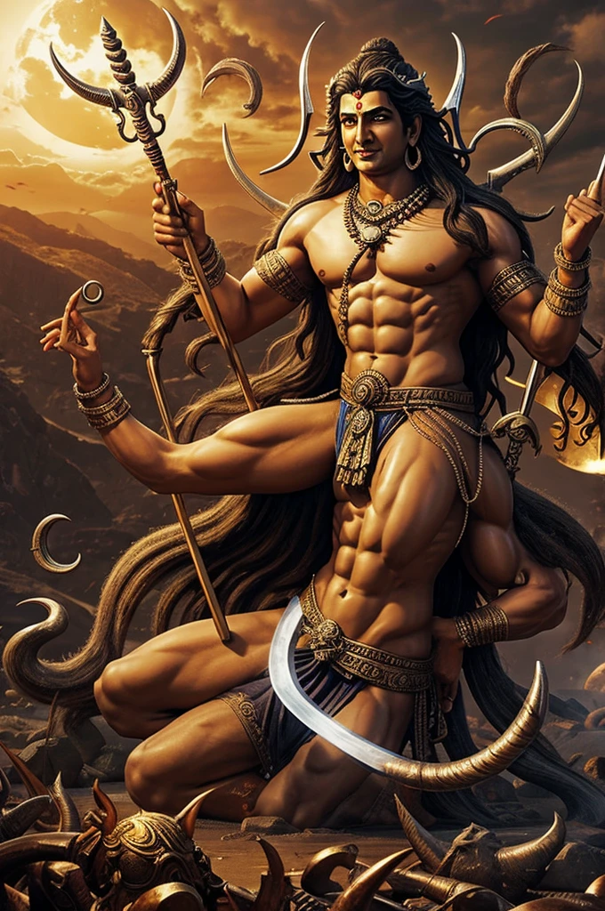 Lord Shiva killing demons with his trident
