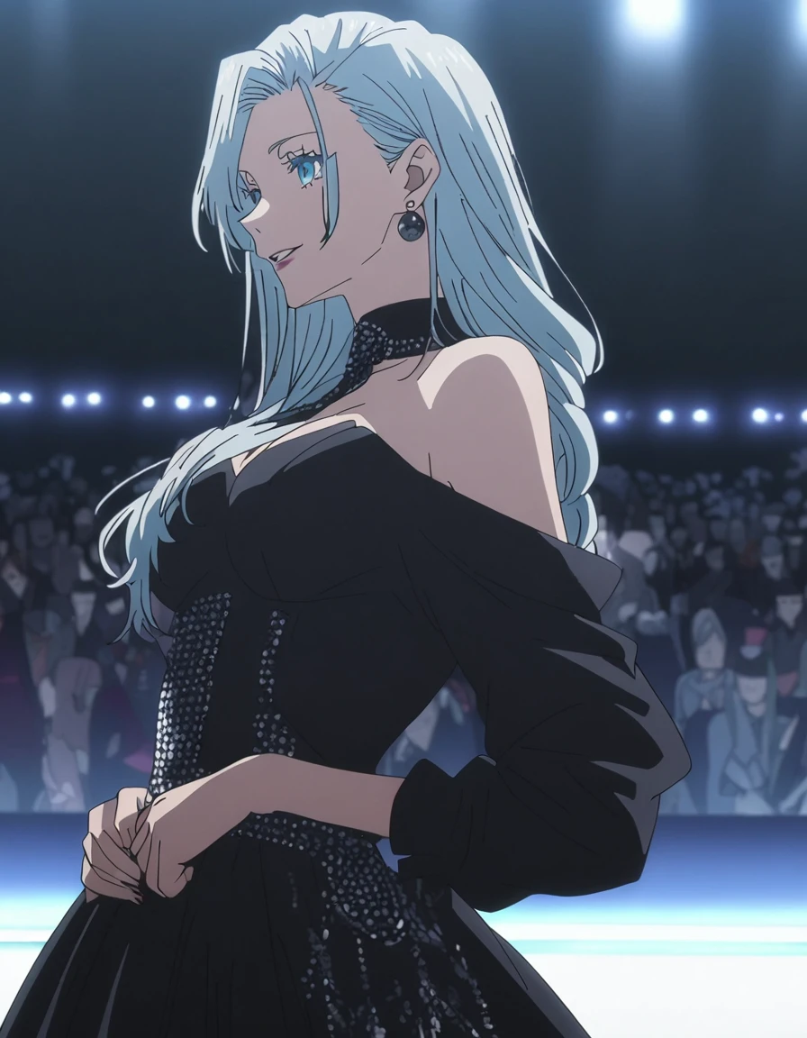 1girl, female gojo satoru, anime screencap from jujutsu kaisen, gojo satoru female version, solo, long_hair, ((Blue eyes, round sunglasses)) ((Silver_hair, hair over ear from one side))((slicked hair)) , night view, (hanging breasts) upper_body, smile,party hall, parted lips, (long hair) ((wearing black colour prom night outfit, off the shoulder)) breast, "very detailed and high resolution" (Blue eyes, round sunglasses) ((solo)) (((front view))) (earings) ((high resolution)) ((good quality)) ((silky hair, hair over ear from one side))((hair slicked)) ((parted lips)) ((shot from behind))