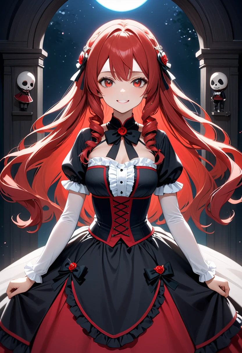 (doll:1.5),(Marionette:1.4),girl,((Crimson Hair:1.3)),(Curly long hair,:1.35),(Red eyes:1.45),(フランスdollのようなゴージャスなドレス:1.5),(Princess-style clothing with plenty of frills and lace:1.45),(A dark space like a haunted house:1.45),(jewelry、Ribbon ornaments、accessories:1.35),(dollが部屋にたくさん:1.5),(Red and black and white and red:1.4),(Fearless Smile:1.25),(A suspicious smile as if he&#39;s plotting something:1.2),((Bloody Doll:1.5)),((Horror:1.4)),((👻:1.3)),(Face close-up:1.1),