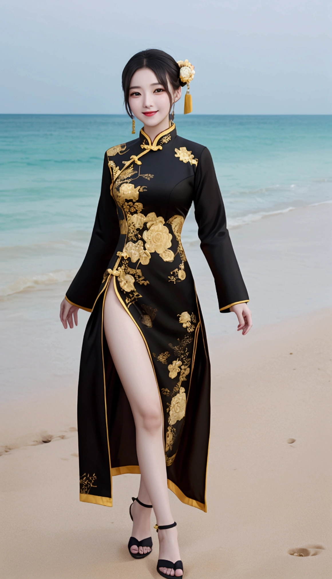 masterpiece,high quality,best quality,Exquisite facial features,Photo-real, A beautiful Chinese girl in a black and gold cutout outfit walks on the beach,qipao short,款式 黑色 长款尼龙连裤袜 腿部 whole body视图,whole body,Smiling and looking at the camera,photography. --There are 2:3-6.0