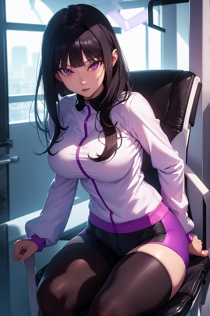 juri han beautiful young fitness com , in a gym wearing May with black pantyhose, tight white and purple gym jacket. standing alone,Beautiful Tits, low lighting,evil smile ,black leggings sitting on a chair,cross legs