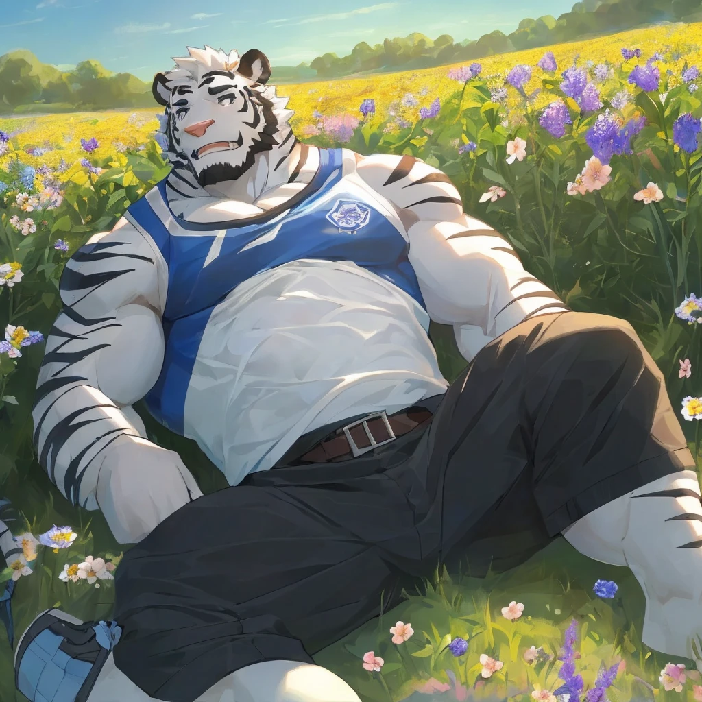 masterpiece,best quality,outdoor，Sunlight，noon，Flower Field，Flowers，plant，Male focus，White tiger-type orcs，(Sporty:1.5), (White fur,Black eyebrows:1.5),Black Nose，Five fingers，Strong body，Tiger Teeth，Pectoralis major，Eight-pack abs，hairy，White hair，Unbutton your clothes，Showing chest muscles，belt