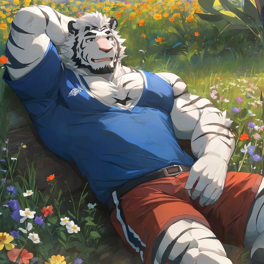 masterpiece,best quality,outdoor，Sunlight，noon，Flower Field，Flowers，plant，Male focus，White tiger-type orcs，(Sporty:1.5), (White fur,Black eyebrows:1.5),Black Nose，Five fingers，Strong body，Tiger Teeth，Pectoralis major，Eight-pack abs，hairy，White hair，Unbutton your clothes，Showing chest muscles，belt
