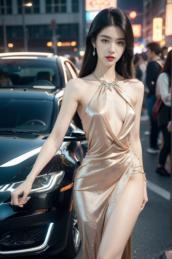 (((best quality))),(((ultra detailed))),(((masterpiece))),illustration,((1girl,gorgeous female model,solo)),((earrings,crystal necklace)),((slim,thin)),((small breasts,flat chest)),(slender legs:1.2),(standing:1.3),(beside a sleek futuristic car:1.3),(sparkled dress:1.3),intricate embellishments,drop-dead gorgeous,(shoulder length straight hair:1.2),vibrant piercing eyes,delicate facial features,rosy cheeks,parted res lips,confident allure,beauty grace,intricate patterns,shimmering fabric,elegant draping,complementary skin tone,radiates beauty,allure,sleek streamlined design,futurism,smooth curves angles,ambient lighting,ethereal aura,intricate patterns,LED lights,glow,sea of activity,(surrounded by crowded crowds:1.3),examine cars,electric atmosphere,cyberpunk style,excitement anticipation,energy palpable,enthusiasm future automobiles,modern elegance,technological innovation,captivating vibrant scene,invite viewers step into future,embrace beauty,((from front,upper body))