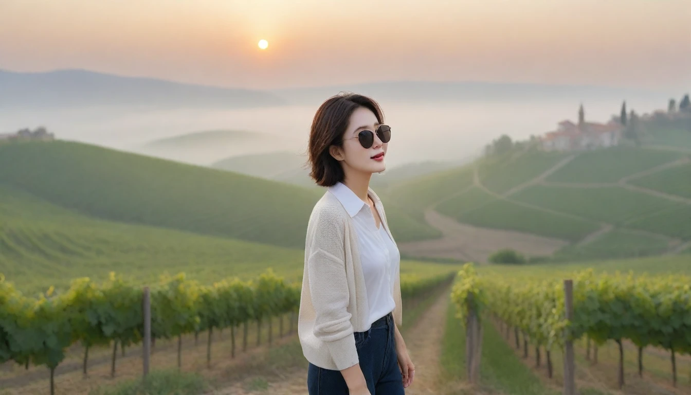 8k realistic, lifelike photo,, 36 year old Korean woman, Short in stature, pretty like a model. White shirt and short cardigan, casual pants, short medium hair, Smiley, Italy. vineyard, thick dawn fog. vineyard 멀리 짙은 안개 속으로 성당이 보인다. 1 woman, Short in stature, Excellent picture quality, The morning fog is thick, The picture quality is alive. Looking up the side, sunrise red light, Wide angle lens full body shot, A monastery can be seen in the distance, on the hill, Smiley, big sunglasses