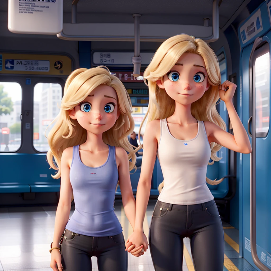 a girl with blue eyes, white tank top, tight black pant, long blonde hair, on the subway, holding hand grips, raised arm.